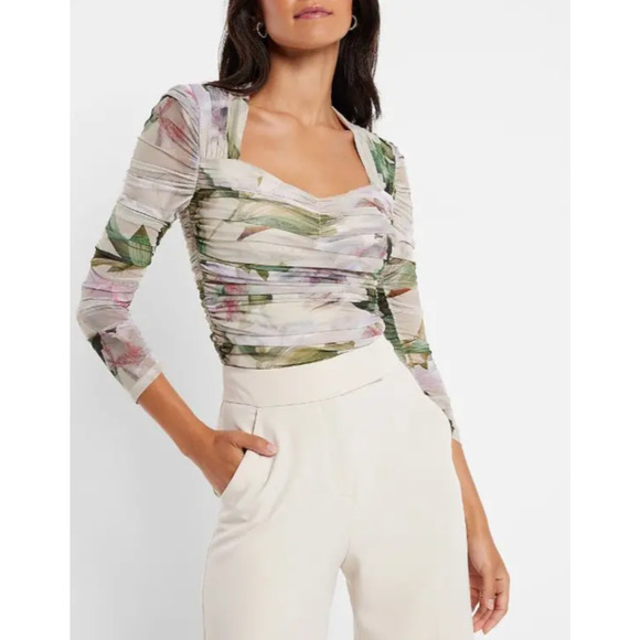 Express Tops - Express Body Contour Cropped Top Size L Womans Pink Floral Mesh Long Sleeve Y2K